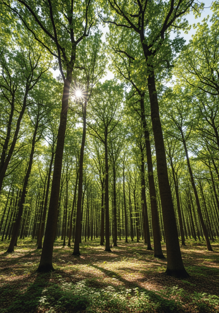 Une forêt de chênes gérée durablement, avec le soleil perçant à travers le feuillage, symbolisant l'origine éthique des matériaux.