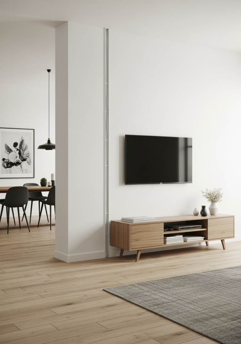 Une goulotte cache-câbles discrète et peinte de la même couleur que le mur, dissimulant proprement les fils d'une TV.