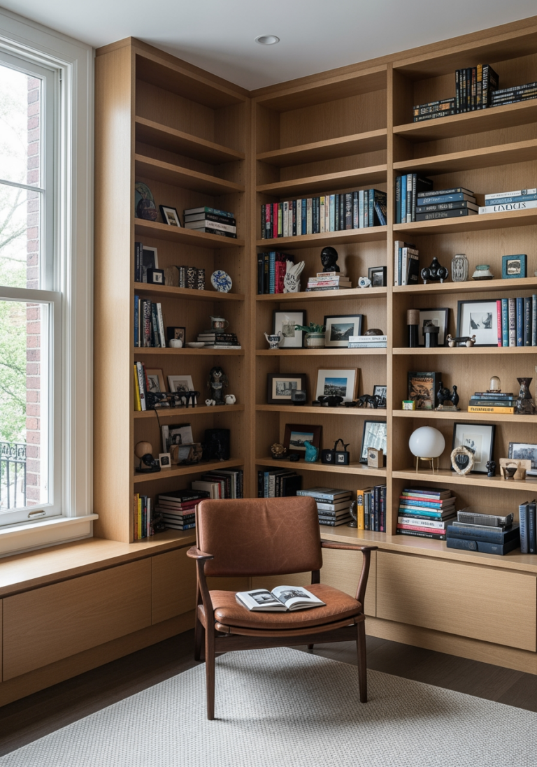 Une étagère surchargée d'objets décoratifs variés et sans lien, illustrant l'erreur d'un espace visuellement encombré et manquant d'harmonie.