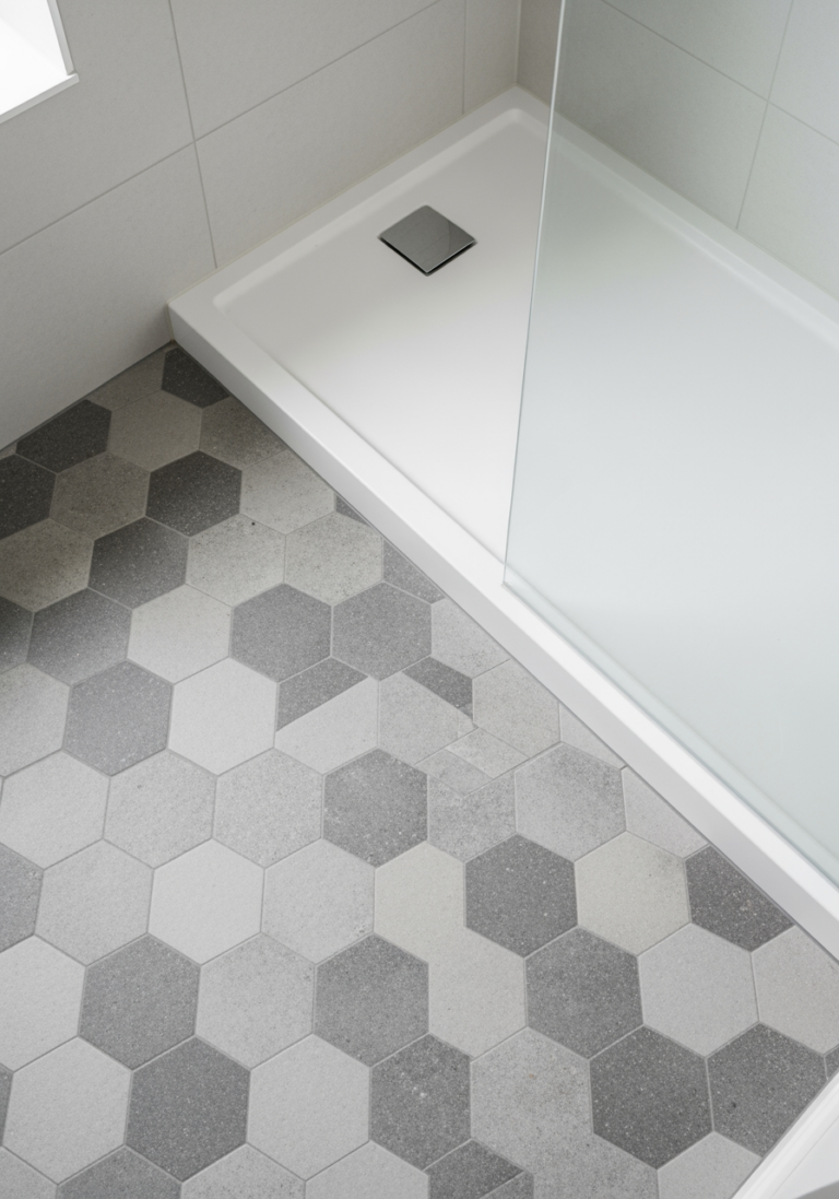 Vue plongeante sur un sol de salle de bain rénové avec des carreaux hexagonaux gris et le coin d'un receveur de douche neuf.