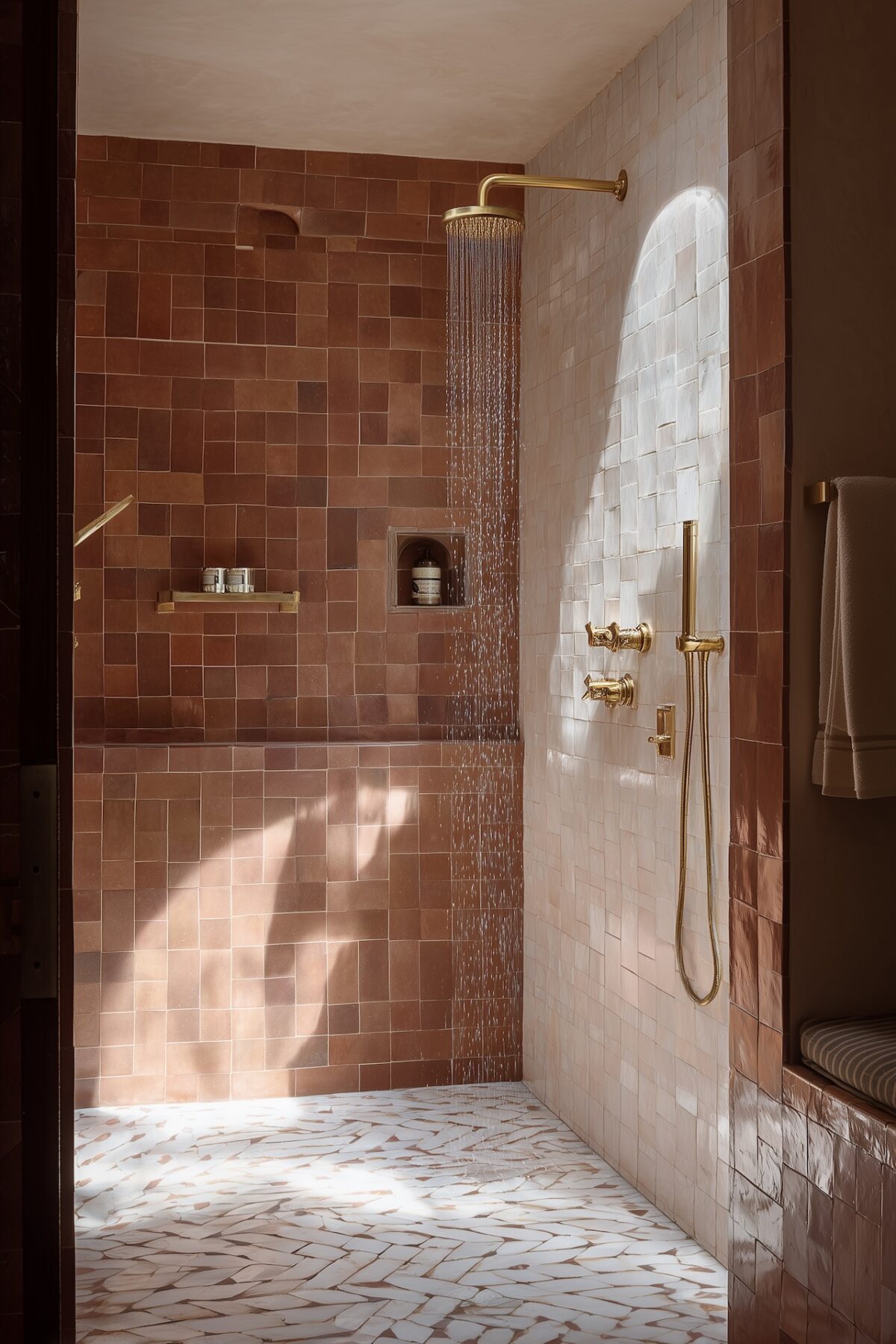Douche à l'italienne habillée de zellige terracotta fait main avec joints apparents et robinetterie dorée, sol en carrelage géométrique blanc et terracotta