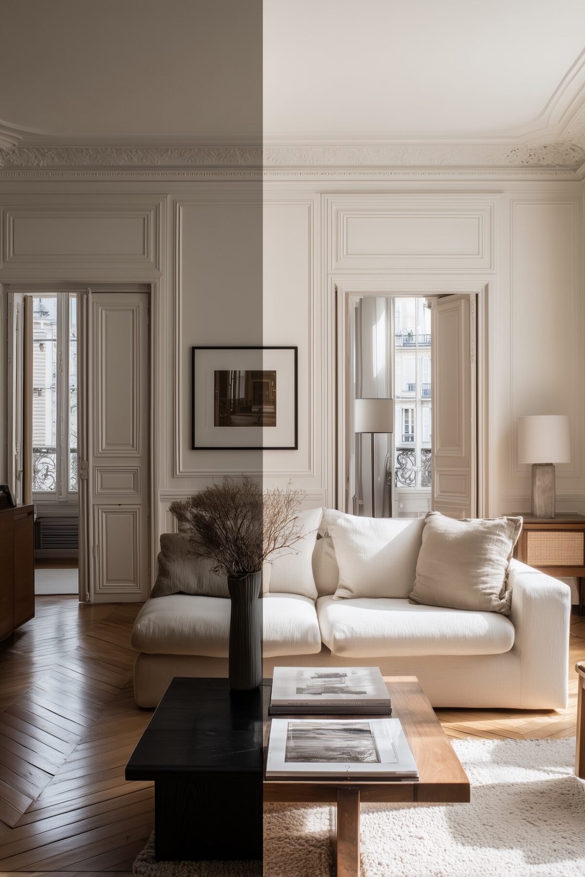 avant apres salon haussmannien renovation interieur lumineux parquet ancien decoration minimaliste