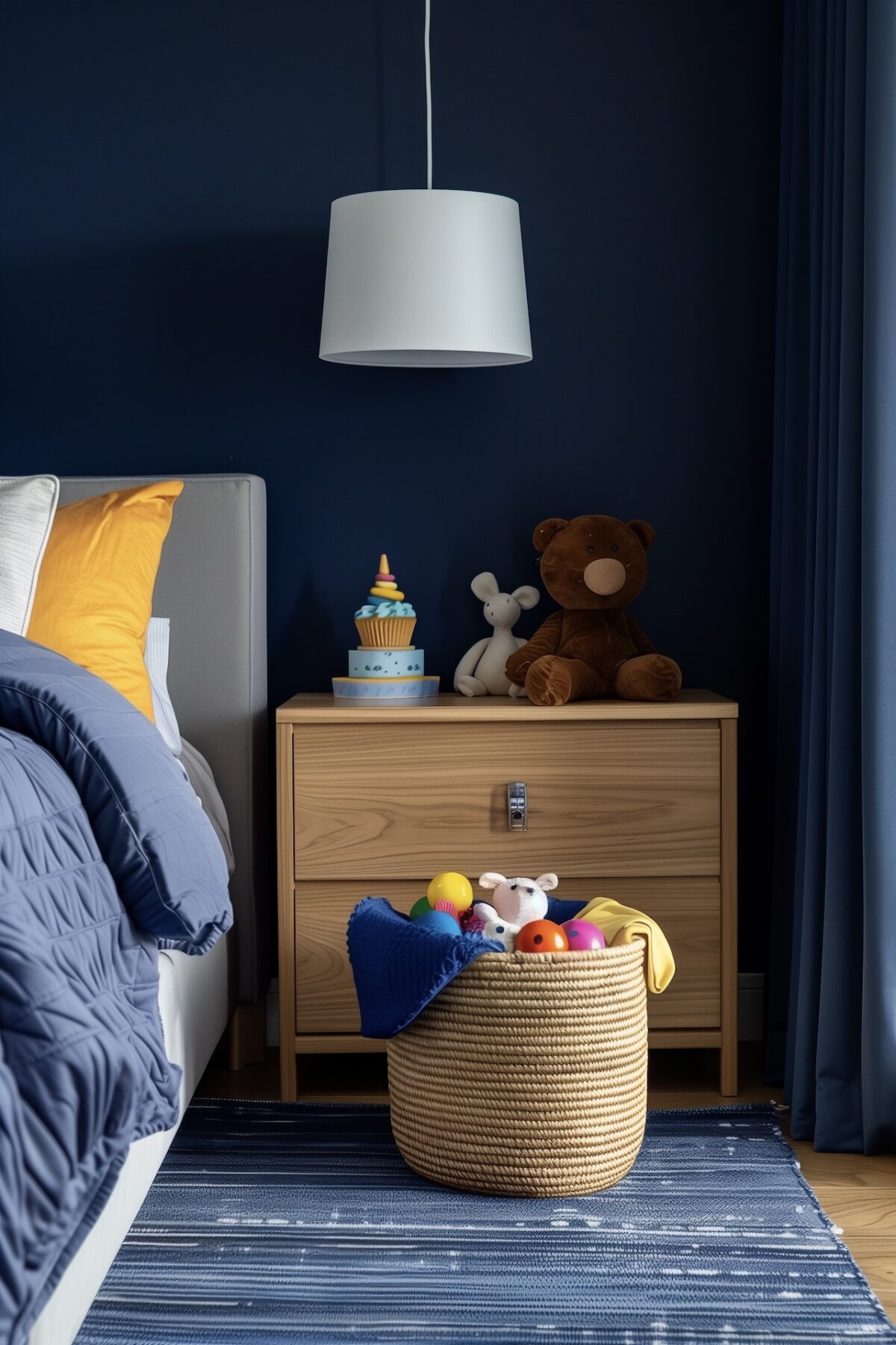 chambre enfant bleu nuit chic idée rangement jouets design