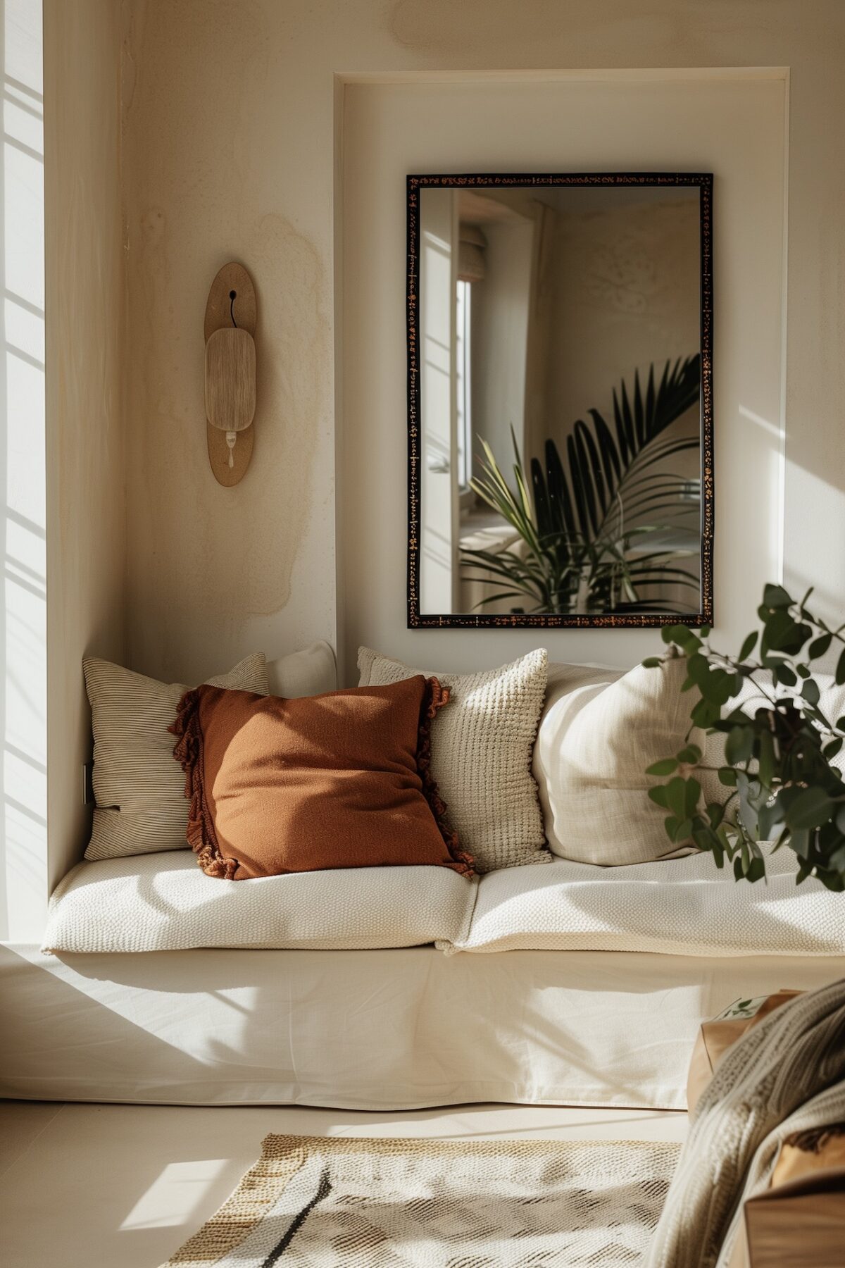 coin déco cosy miroir coussins terracotta ambiance chaleureuse