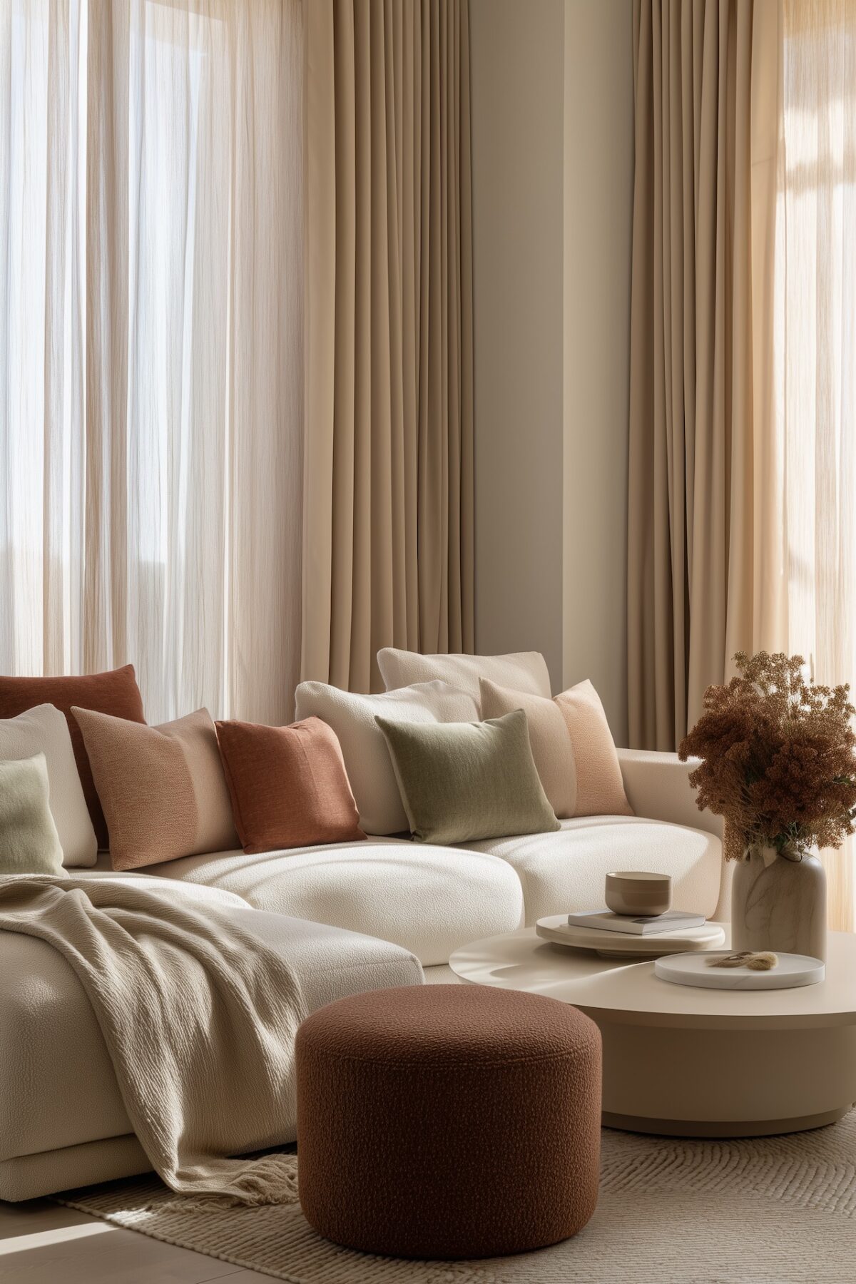comment assortir couleur textile salon housse coussin bordeaux vert sauge rideaux beige