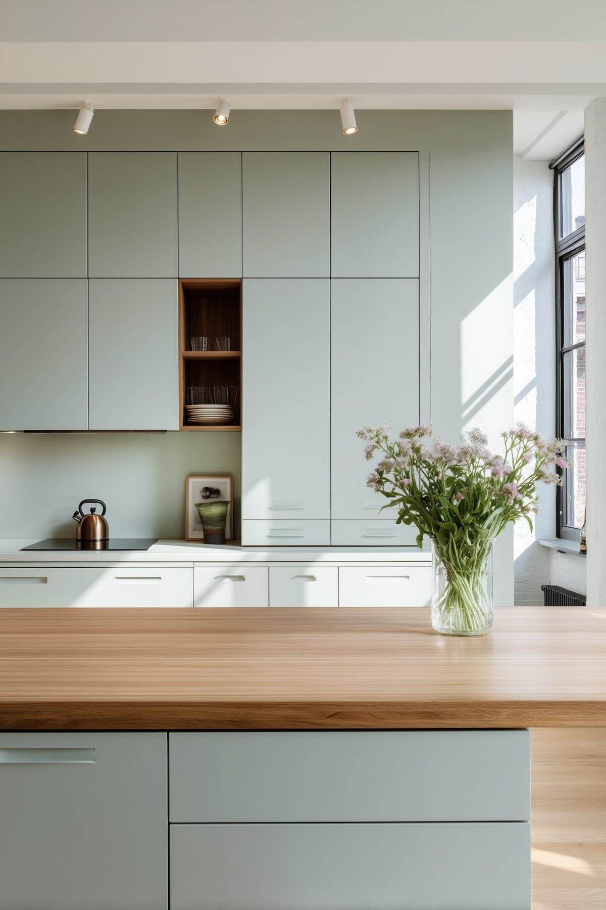 cuisine personnalisée ilot central facade vert de gris