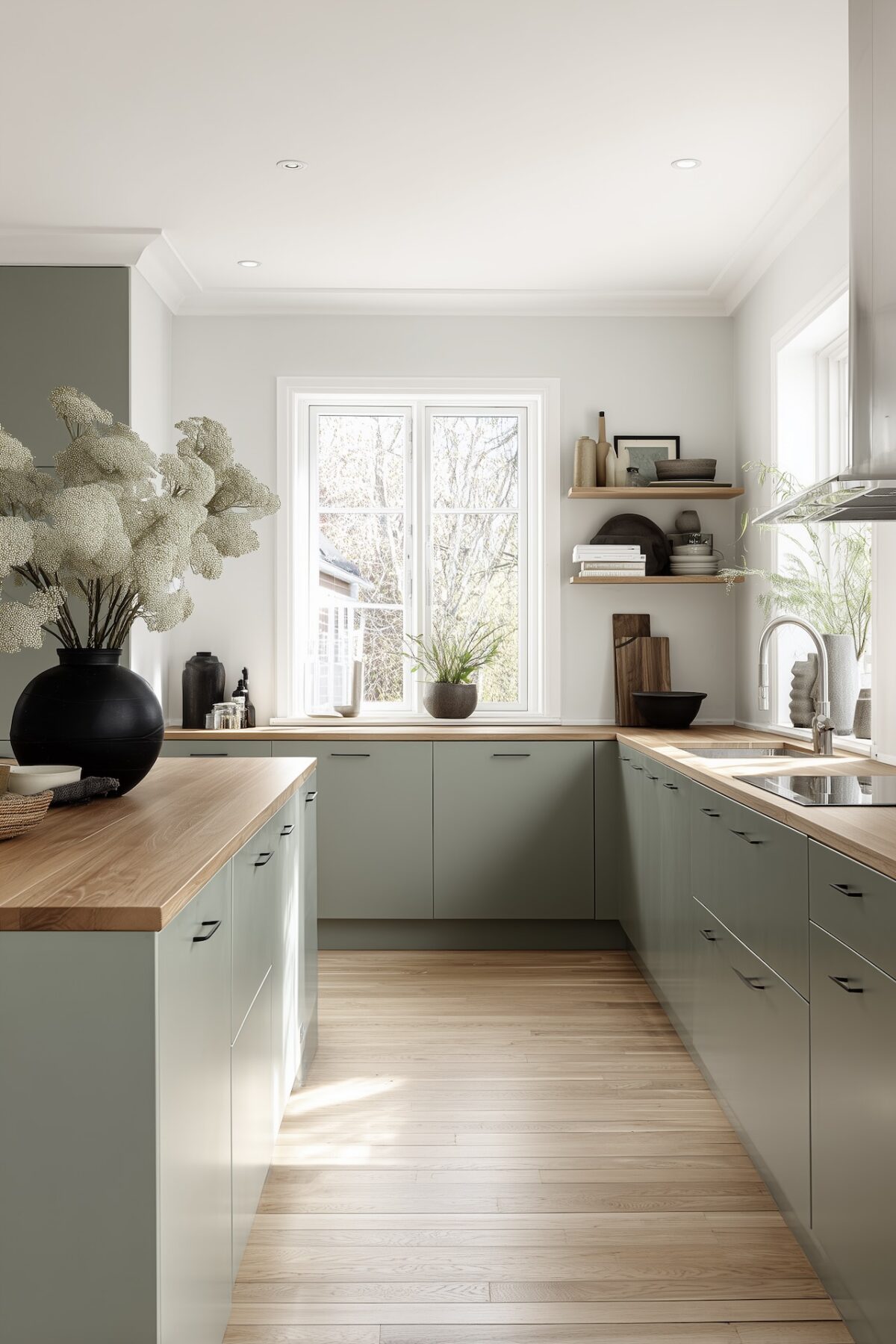 cuisine sur-mesure façade vert sauge plan travail chêne