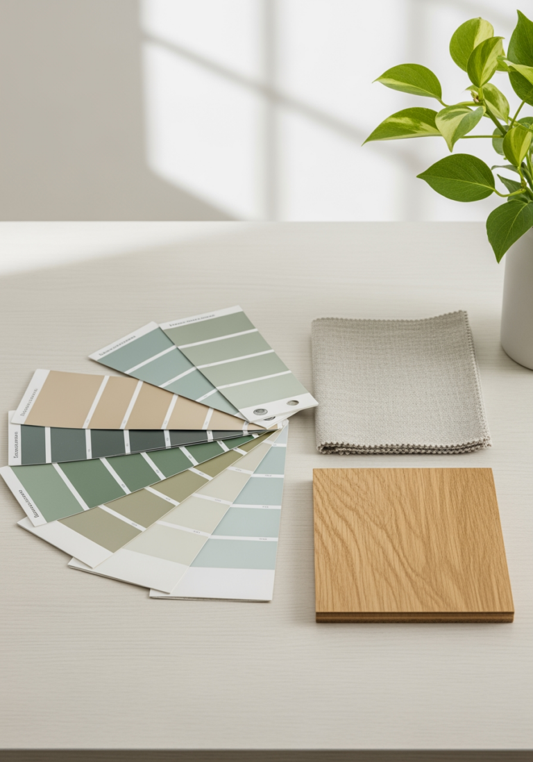 Des échantillons de matériaux pour un projet de décoration : nuanciers de peinture, tissus et bois posés sur une table.