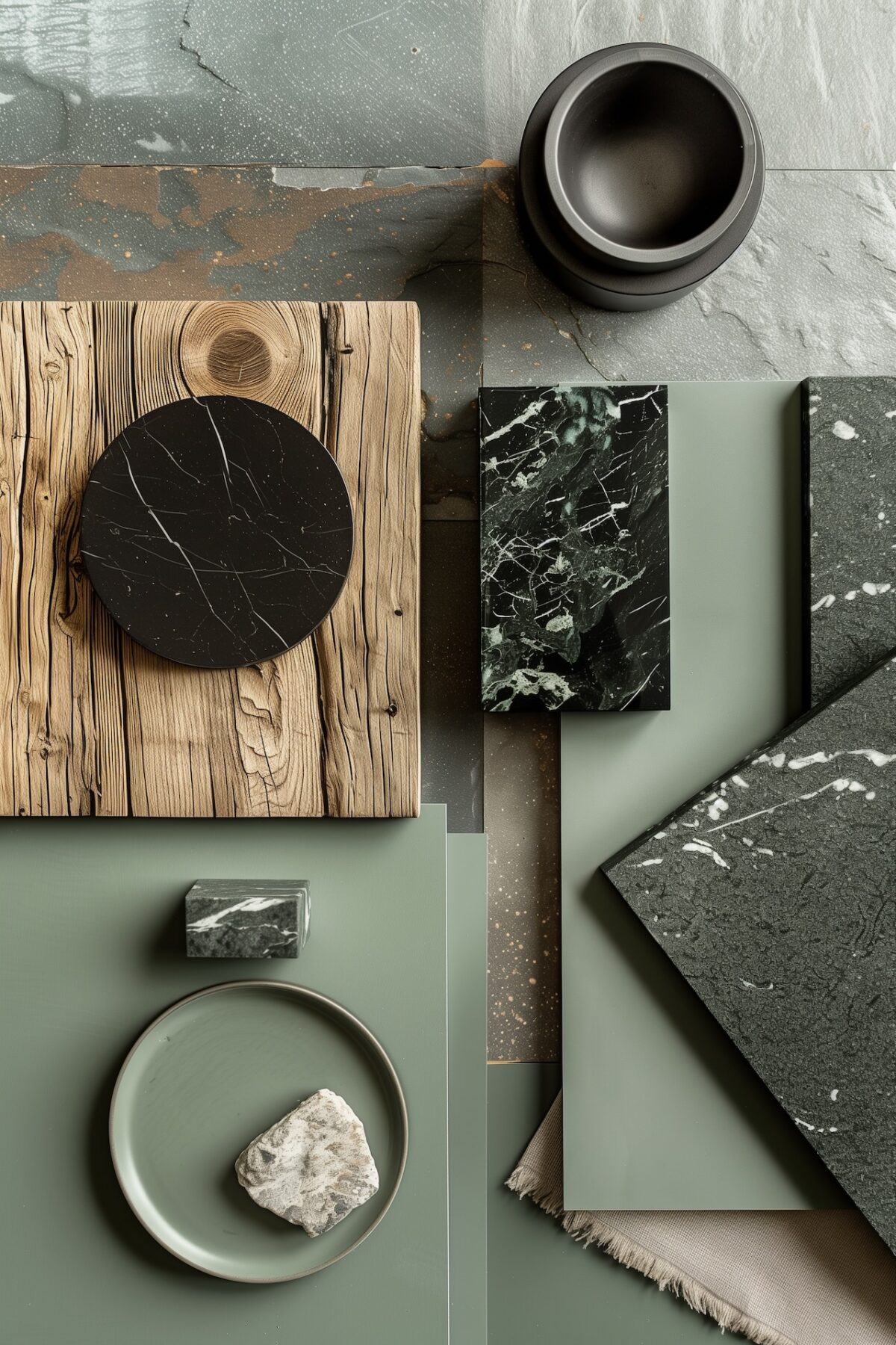 finitions cuisine moodboard marbre noir bois jade