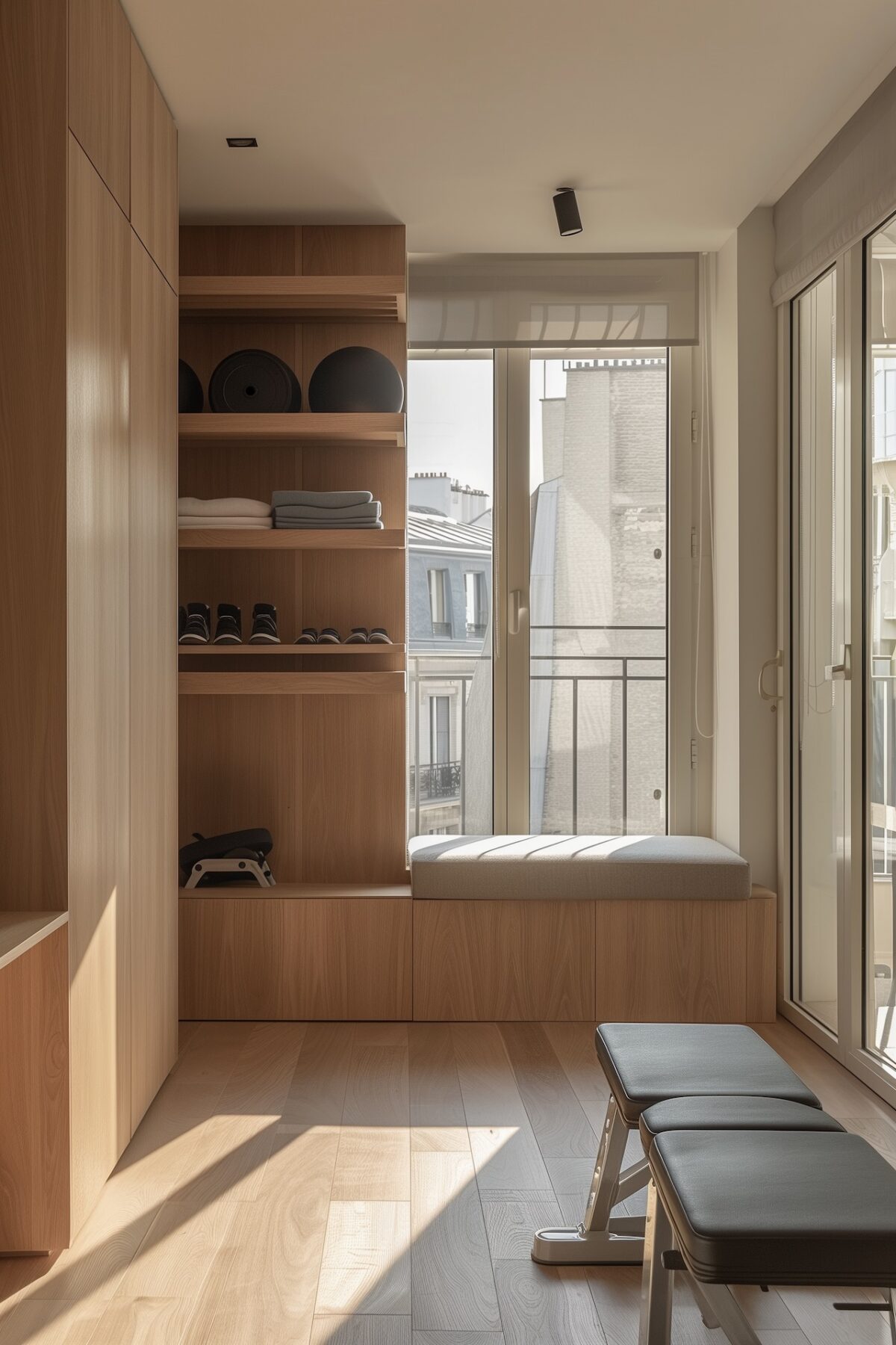 home gym appartement rangement bois fitness minimaliste