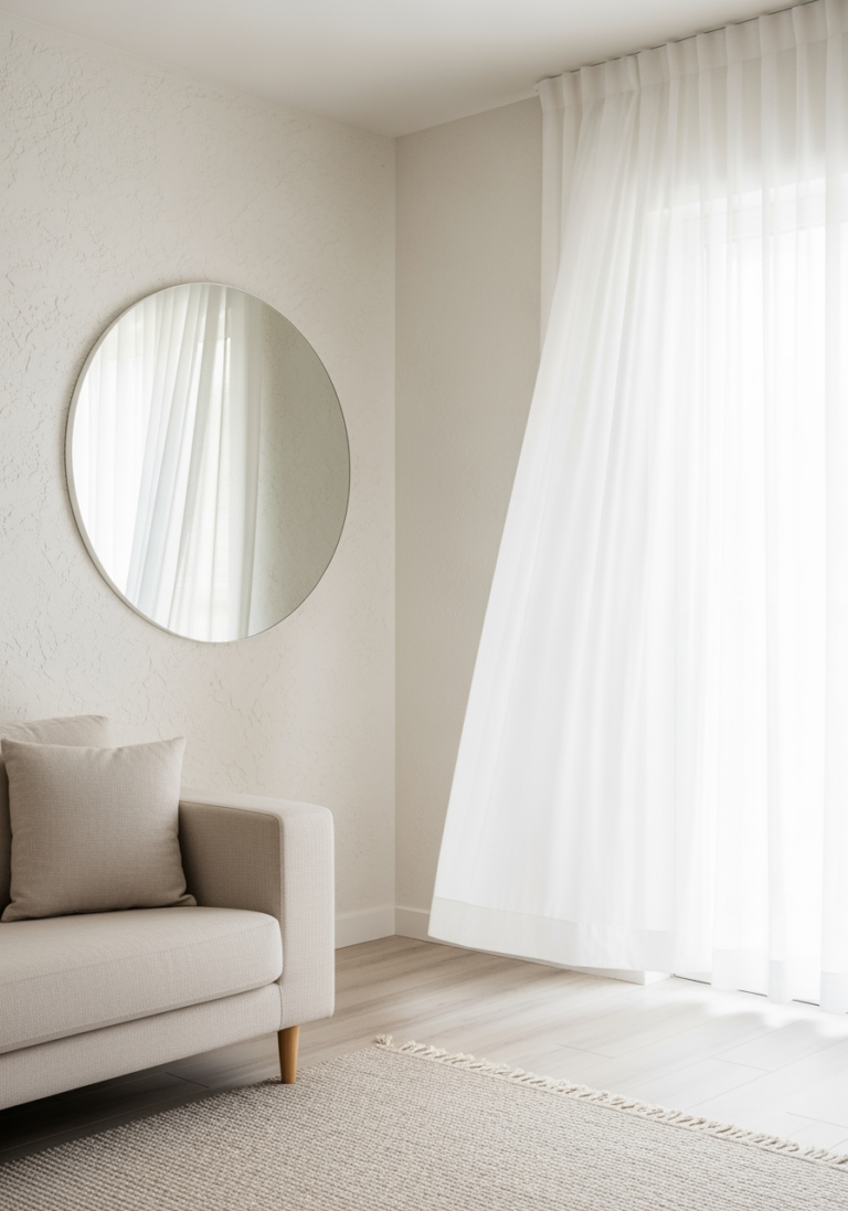 Le coin d'un salon transformé, très lumineux, avec un grand miroir rond sur un mur clair qui reflète la lumière.
