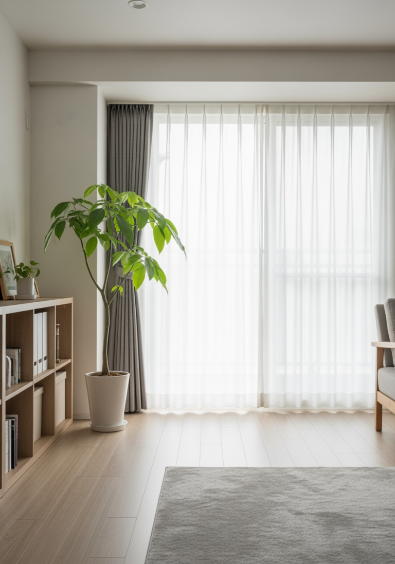 L'intérieur d'une maison familiale sereine et organisée, avec une lumière douce matinale, une plante d'intérieur et un sentiment général de calme et d'ordre.
