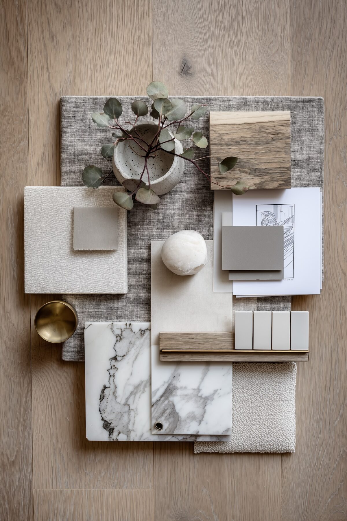 moodboard matériaux mix matières boucle bois brut céramique