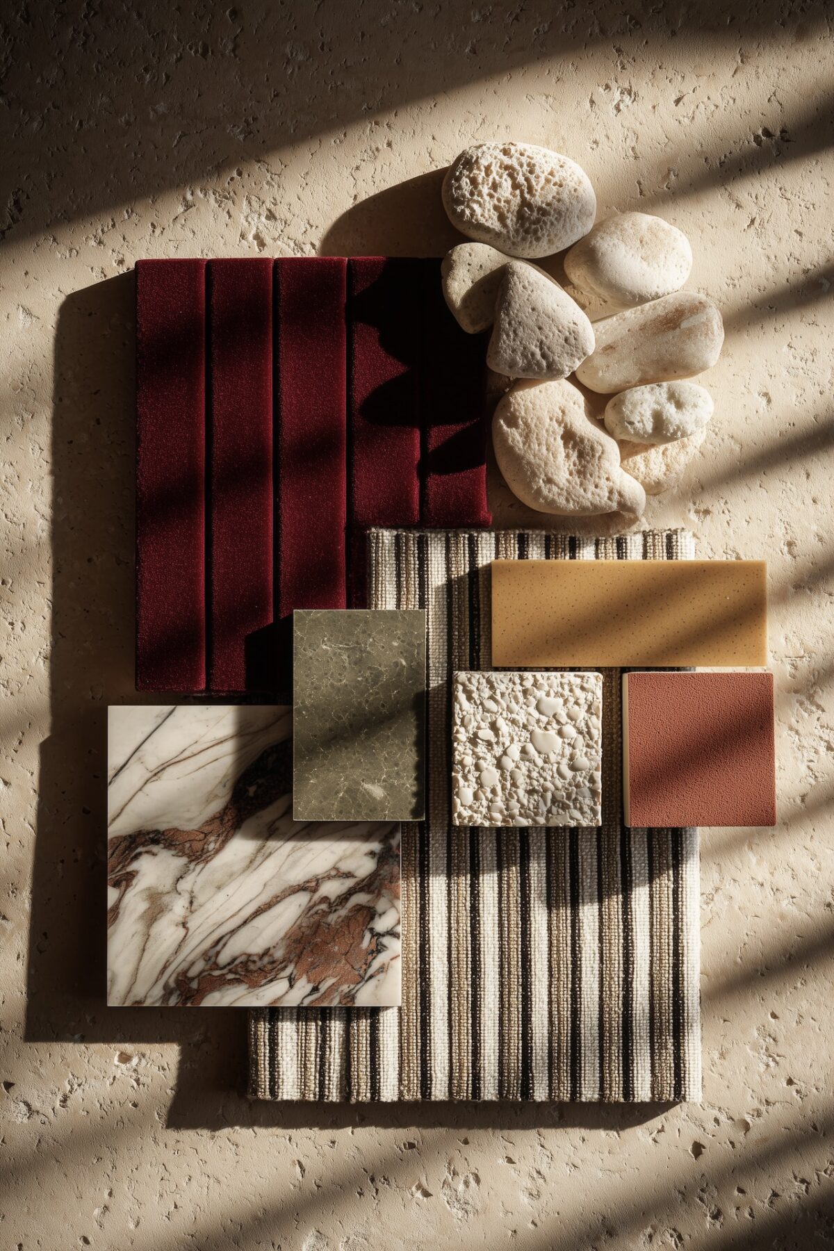moodboard materiaux naturels velours pierre terrazzo