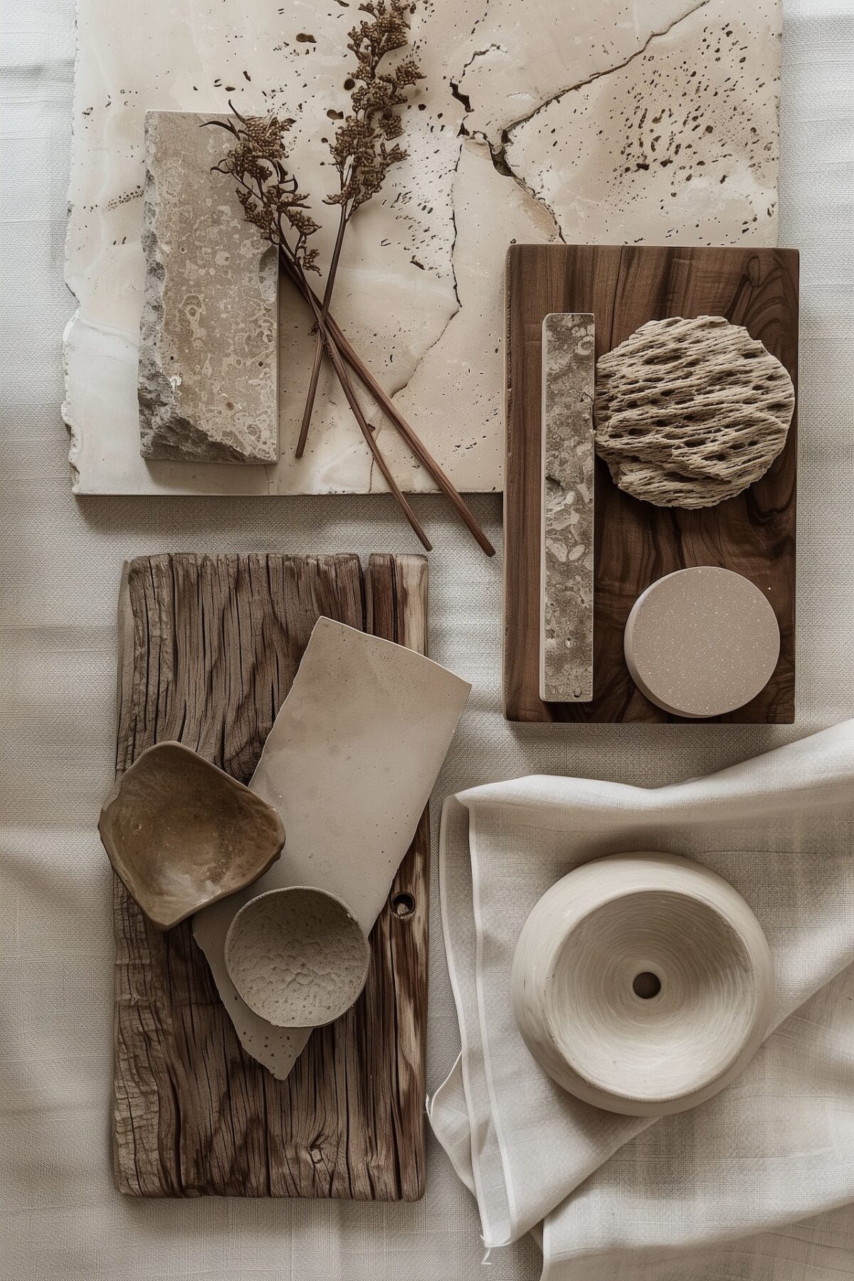 moodboard materiaux decoration travertin bois lin palette naturelle renovation interieur tendance