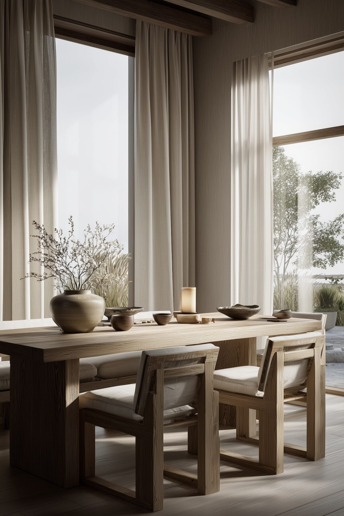 salle à manger japandi rustique bois clair décoration minimaliste