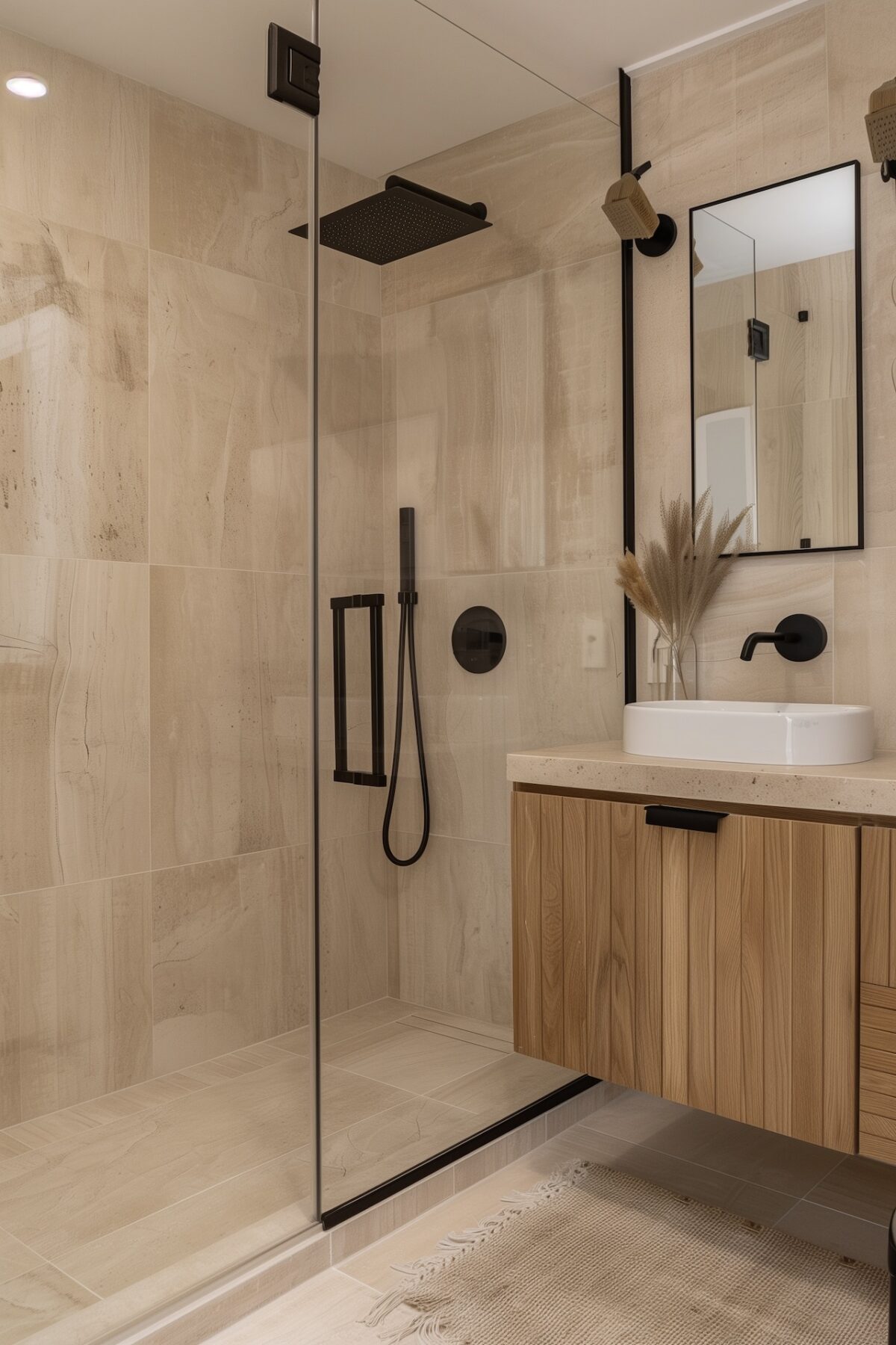 salle de bain renovation douche italienne travertin meuble bois robinetterie noire minimalisme chaleureux