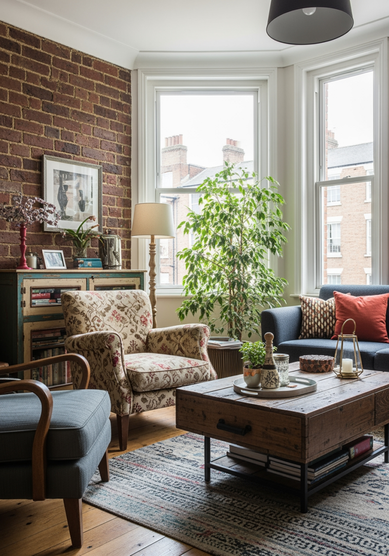 Salon chaleureux et éclectique entièrement relooké avec des meubles de seconde main et des créations DIY.