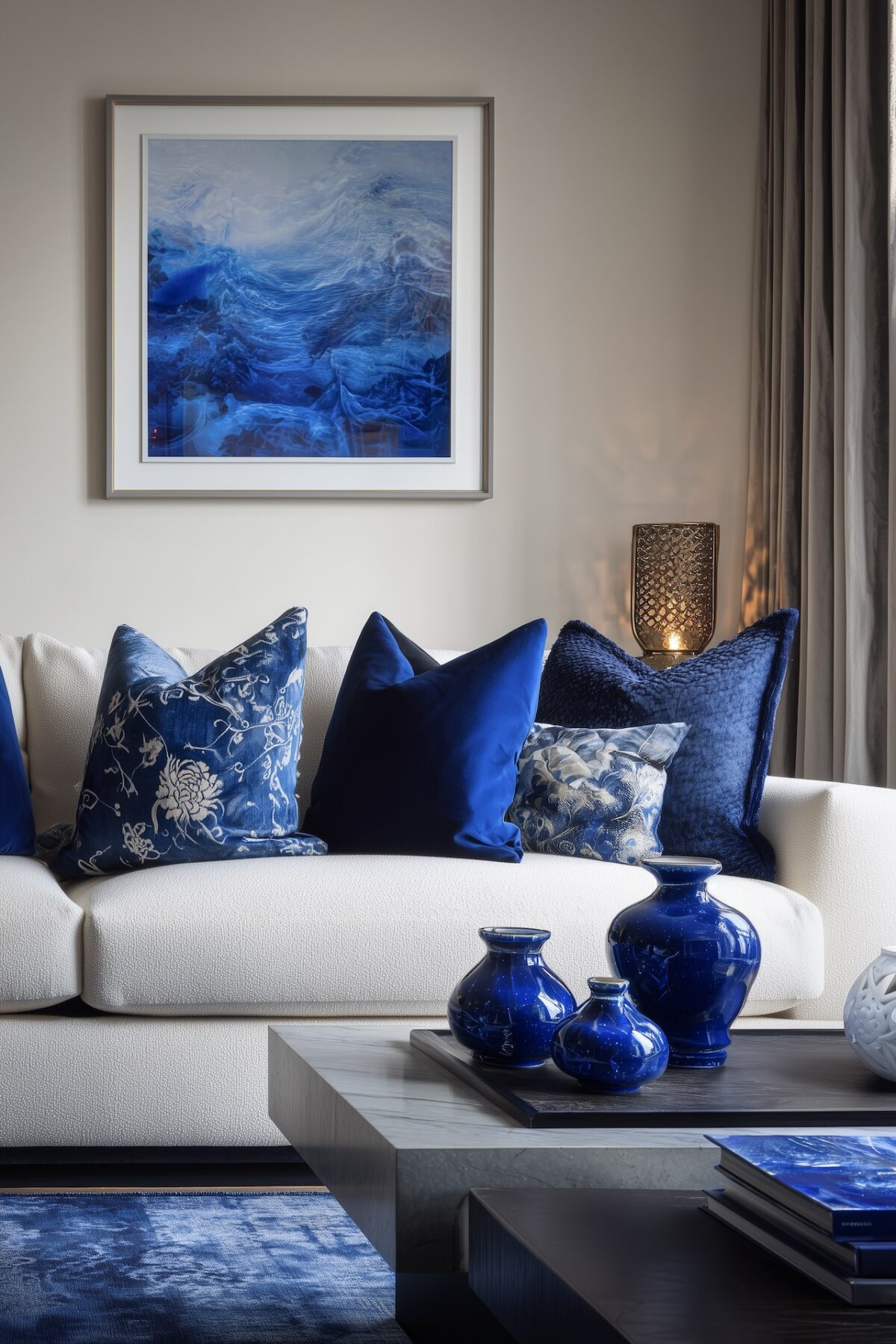 salon mix and match bleu décoration coussins velours vases design
