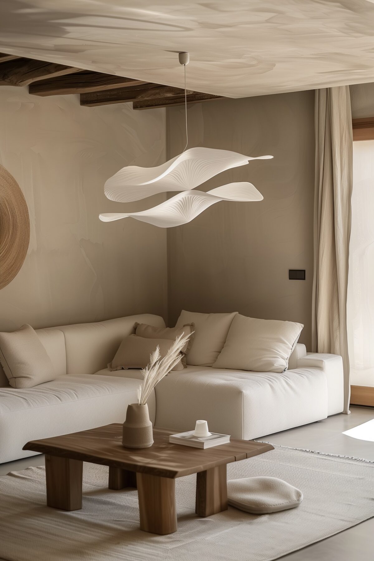 suspension organique design salon minimaliste beige luminaire sculptural