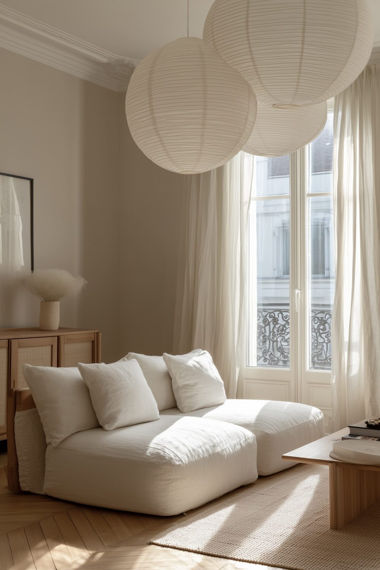 suspension papier riz salon japandi luminaire naturel déco minimaliste