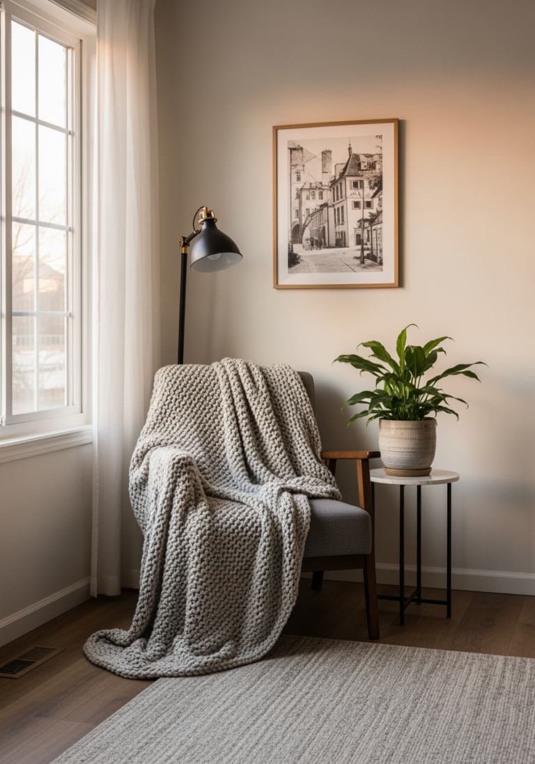 Un coin lecture confortable et décoré, avec un fauteuil, un plaid et une plante, illustrant la création d'un cocon personnel et chaleureux.