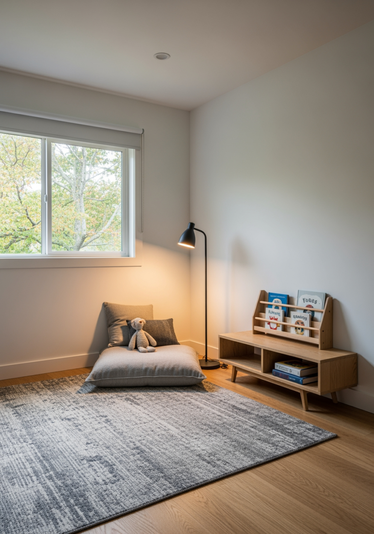 Un coin lecture confortable et finalisé, montrant le résultat réussi d'une chambre d'enfant Made in France.