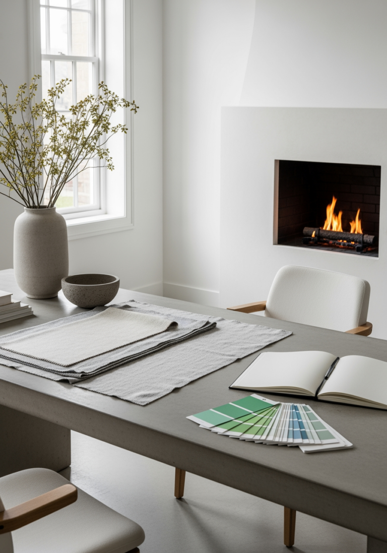 Un espace de travail de décorateur avec des échantillons de tissu, des cartes de couleurs et un carnet, symbolisant la planification d'un projet de décoration.