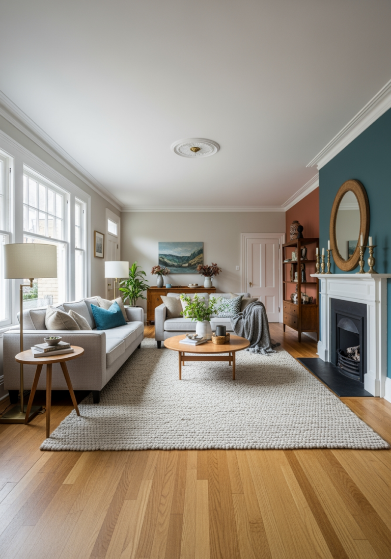 Un salon en longueur rendu chaleureux grâce à un grand tapis délimitant l'espace et un mur d'accent de couleur chaude au fond.