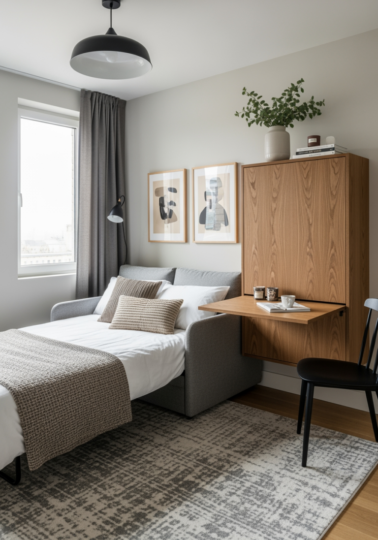 Un salon multifonctionnel optimisé avec un canapé-lit design et une console murale suggérant un bureau caché.