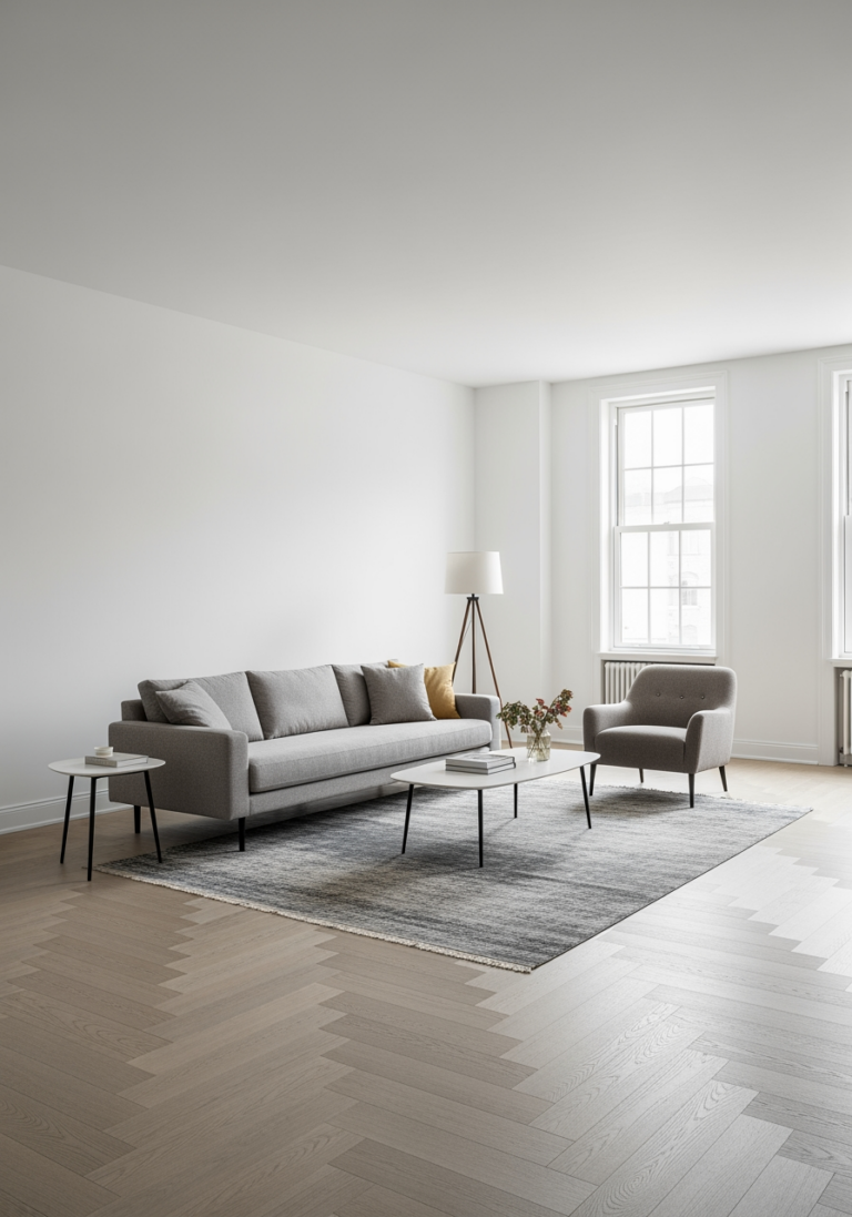 Un salon partiellement meublé avec un canapé et un tapis, illustrant une stratégie d'achat par étapes pour ne pas dépasser son budget.