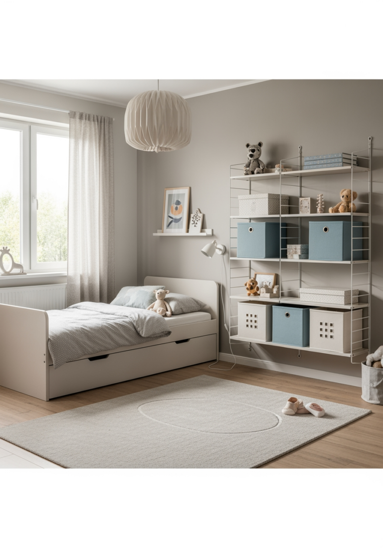 Une chambre d'enfant évolutive et organisée, avec des meubles modulaires, des bacs de rangement et une palette de couleurs neutres et apaisantes.