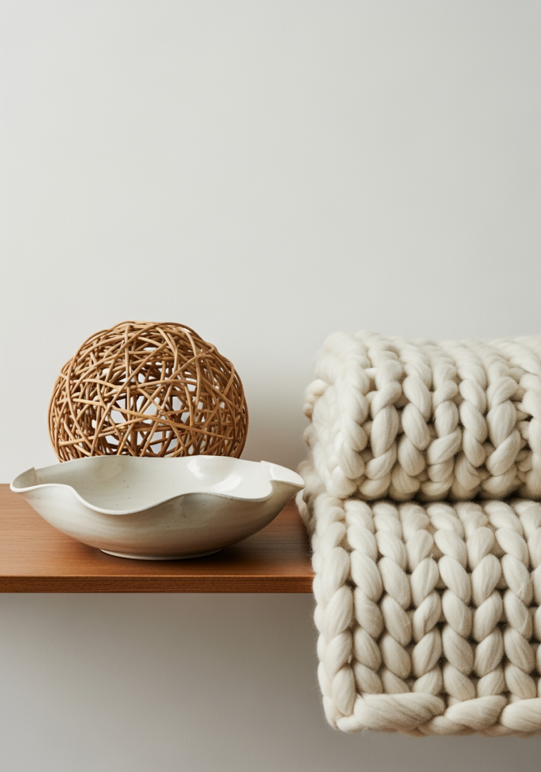 Une composition de divers objets aux formes organiques et textures naturelles : un bol en céramique, une sphère en rotin et une couverture en laine épaisse, représentant les commandements du design biophilique.