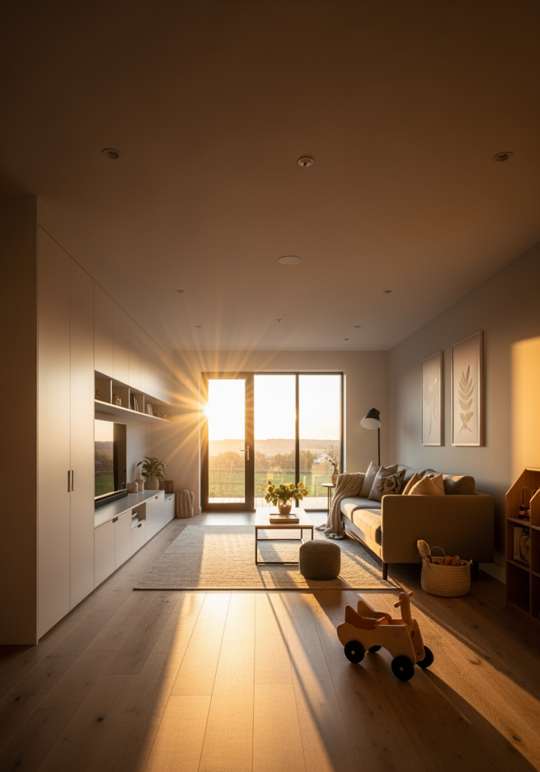 Vue d'ensemble d'un salon familial harmonieux au coucher du soleil, symbolisant le nouvel art de vivre qui allie esthétique chic et vie de famille épanouie.