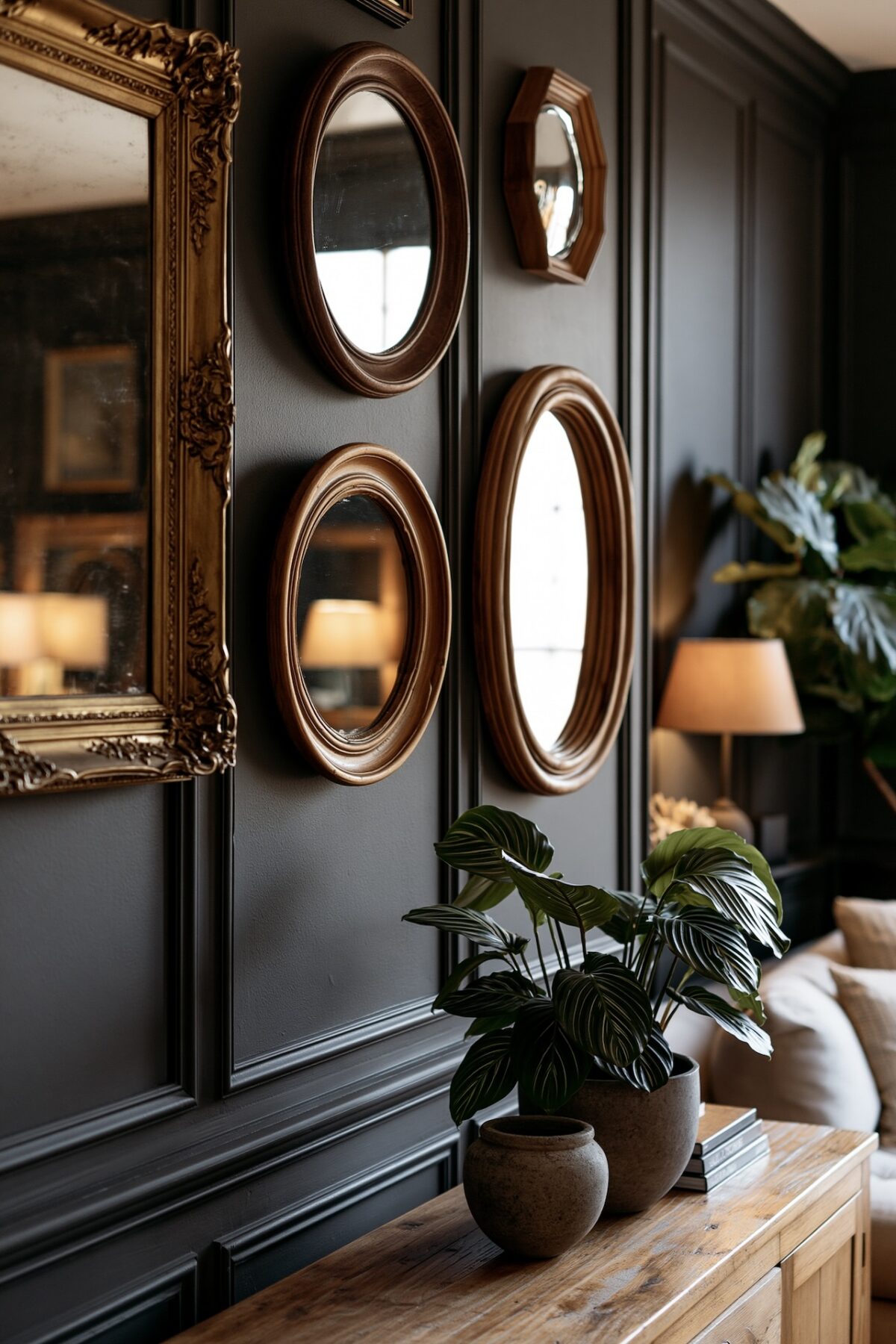 Collection de miroirs chinés de formes et tailles variées sur un mur sombre à moulures, cadre baroque doré, miroirs ovales en bois, petit miroir hexagonal, chacun reflétant des sources de lumière chaude, plantes vertes et console en bois en dessous