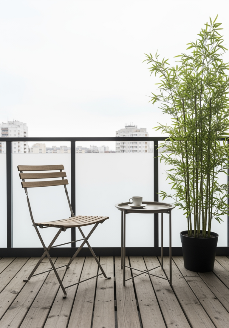 Aménagement de balcon zen économique et minimaliste, montrant une simple chaise pliante en bois, une petite table et une plante de bambou.