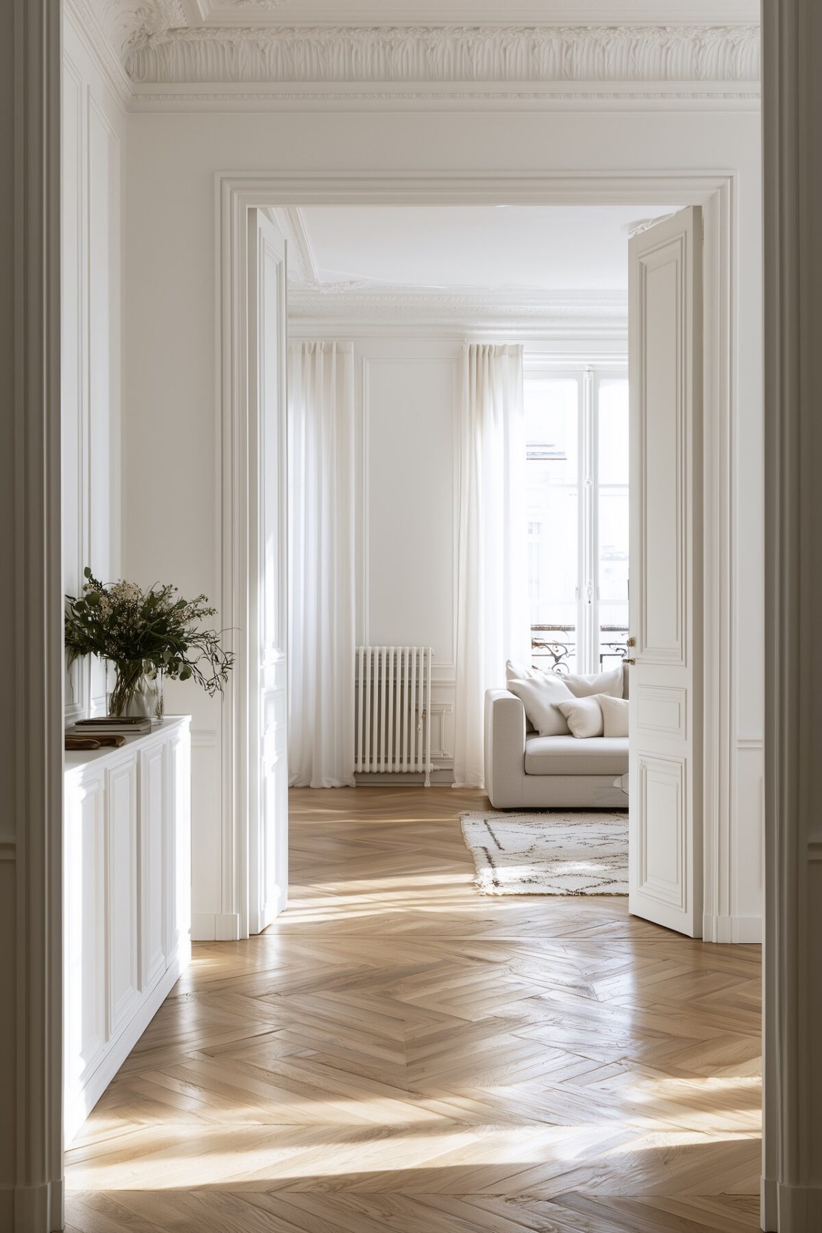 Intérieur d'appartement parisien immaculé vu depuis le couloir, parquet à chevrons brillant reflétant la lumière, murs blancs parfaits, bouquet frais sur une console, rideaux voilages et lumière matinale