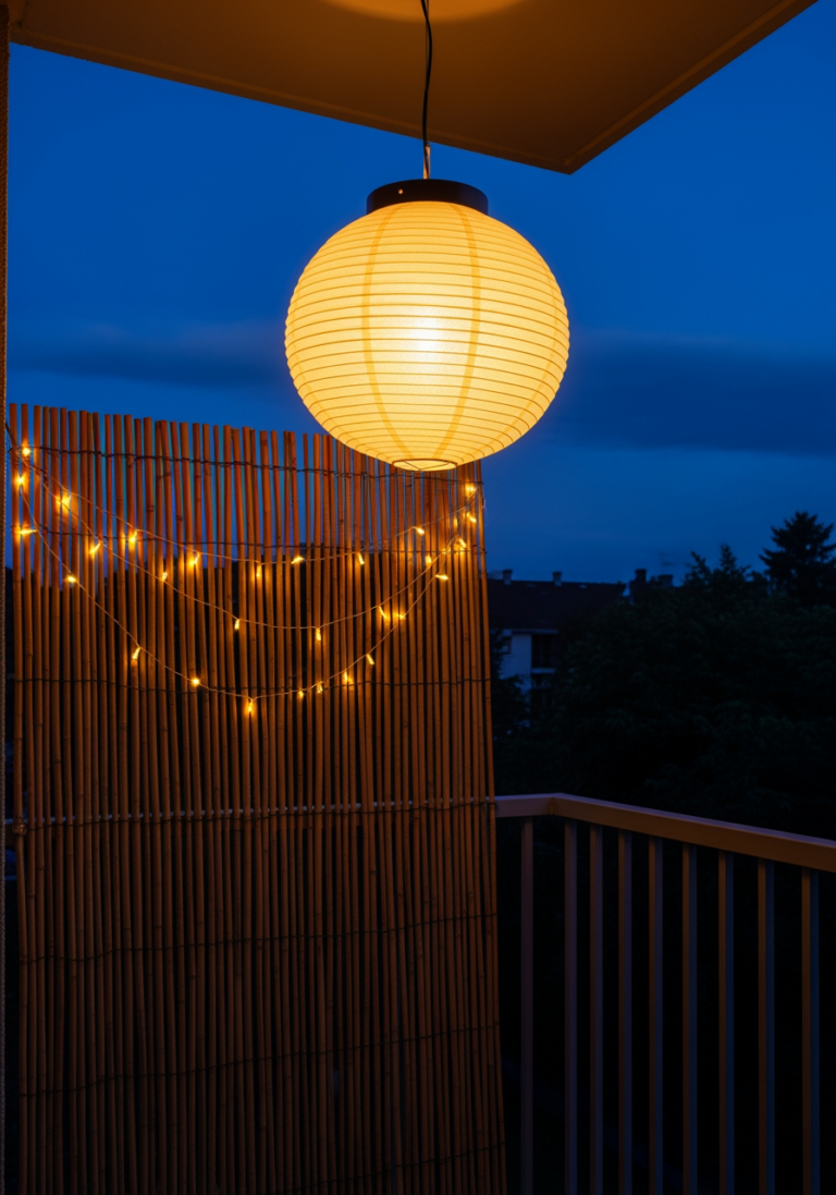 Balcon zen à la tombée de la nuit, illuminé par la lueur chaude d'une lanterne solaire et d'une guirlande lumineuse, créant une ambiance magique.