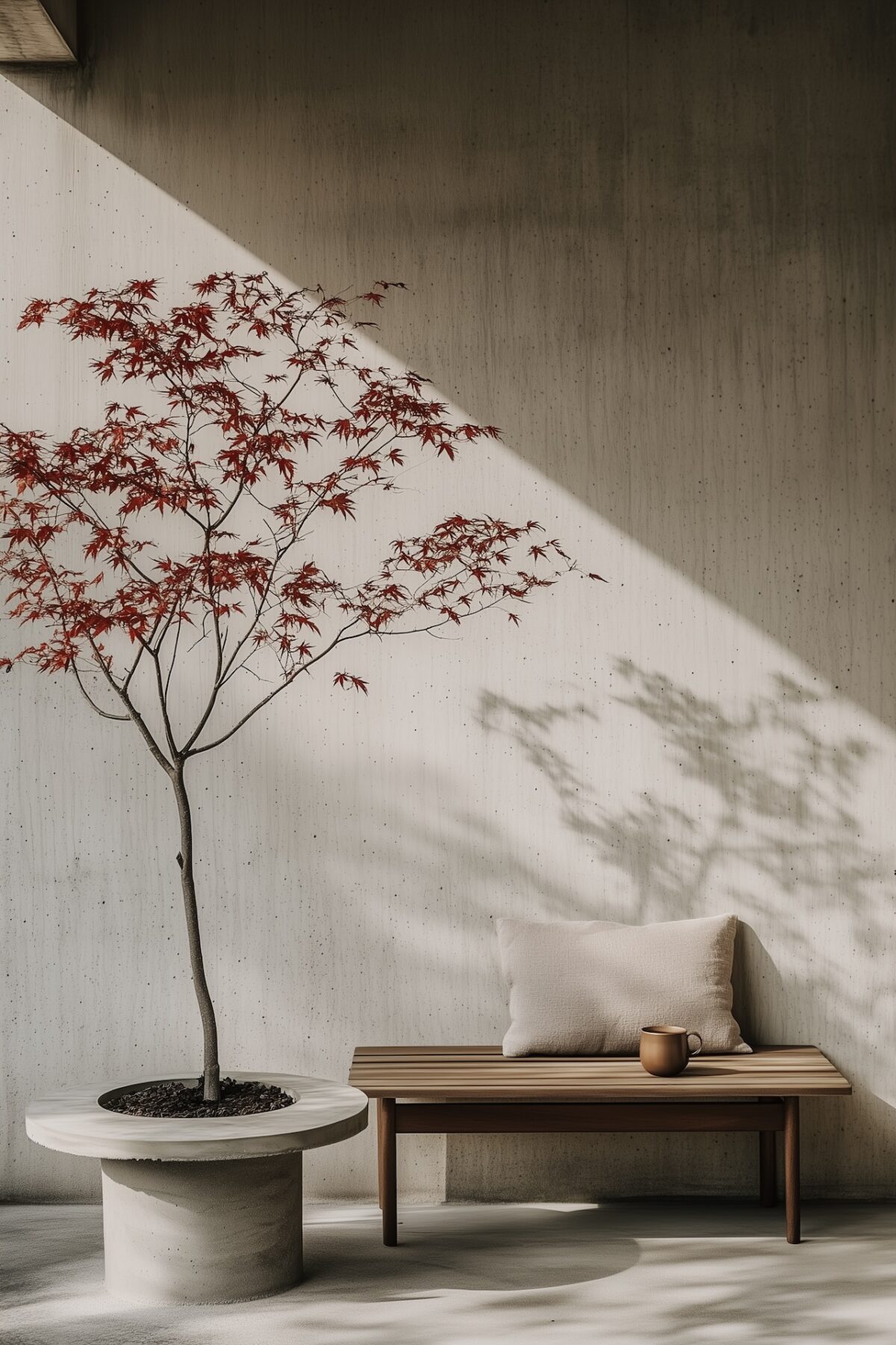 Balcon minimaliste avec un érable du Japon aux feuilles rouges dans un pot en béton, banc en bois avec coussin en lin et tasse en céramique, mur en béton brut, ombres graphiques