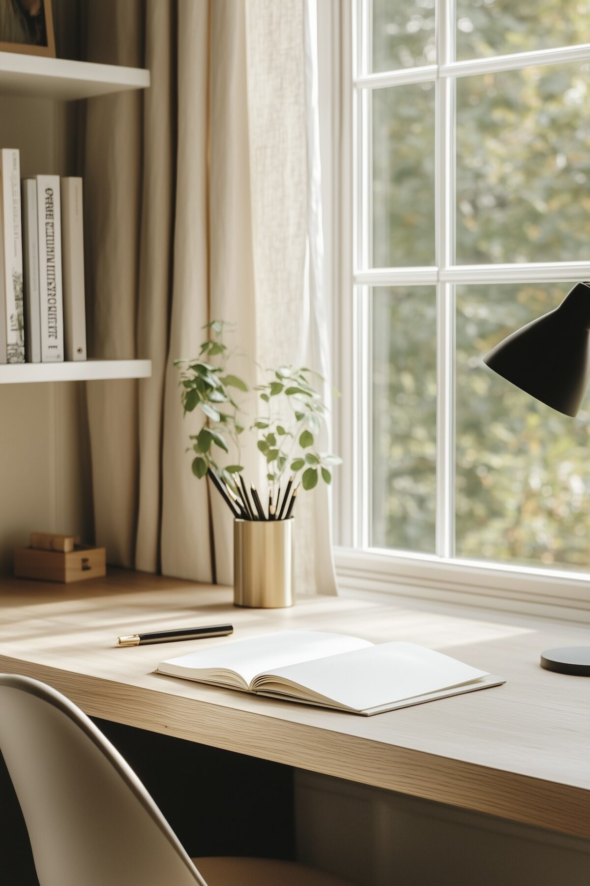 Bureau minimaliste style Pinterest avec desk en chêne clair face à une fenêtre, carnet ouvert, pot à crayons en laiton, lampe de bureau noire, étagère avec livres, aucun câble visible, lumière naturelle