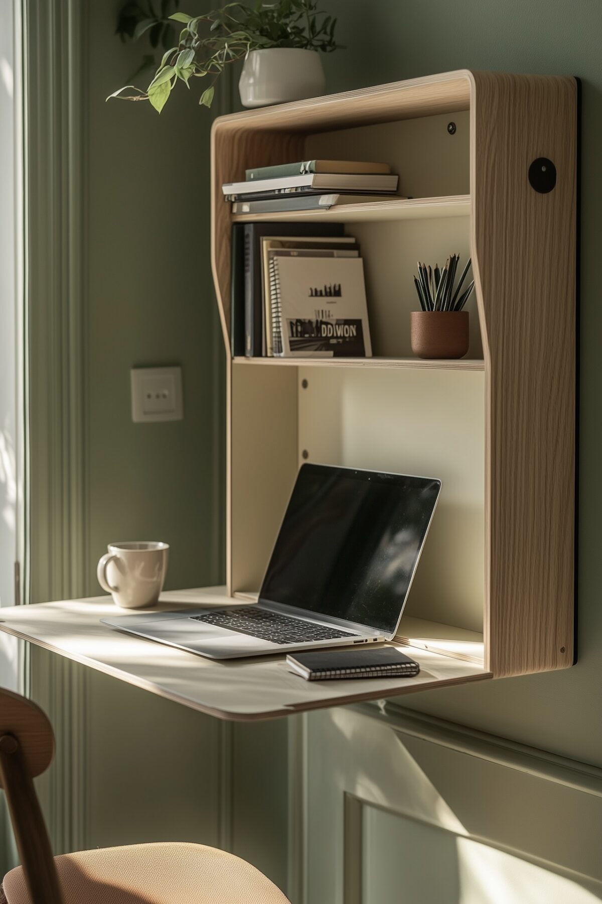 Bureau mural rabattable en chêne ouvert avec laptop, carnet et tasse, étagères intégrées avec livres et pot à crayons, fixé sur un mur vert sauge avec moulures, plante tombante au-dessus, lumière naturelle
