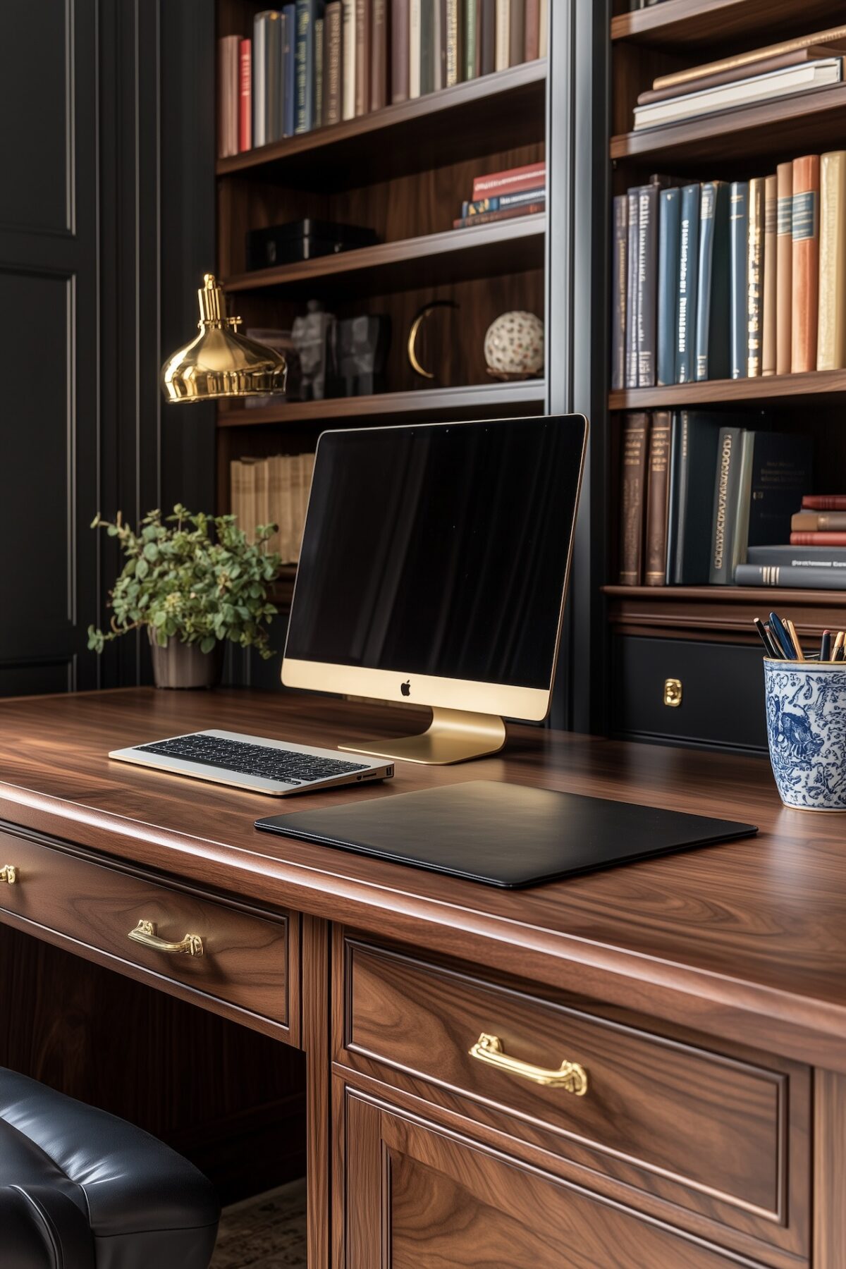 Grand bureau traditionnel en noyer massif avec tiroirs à poignées en laiton, écran et clavier sur un sous-main en cuir, lampe de bureau dorée, pot à crayons en céramique, bibliothèque remplie de livres en arrière-plan, murs sombres