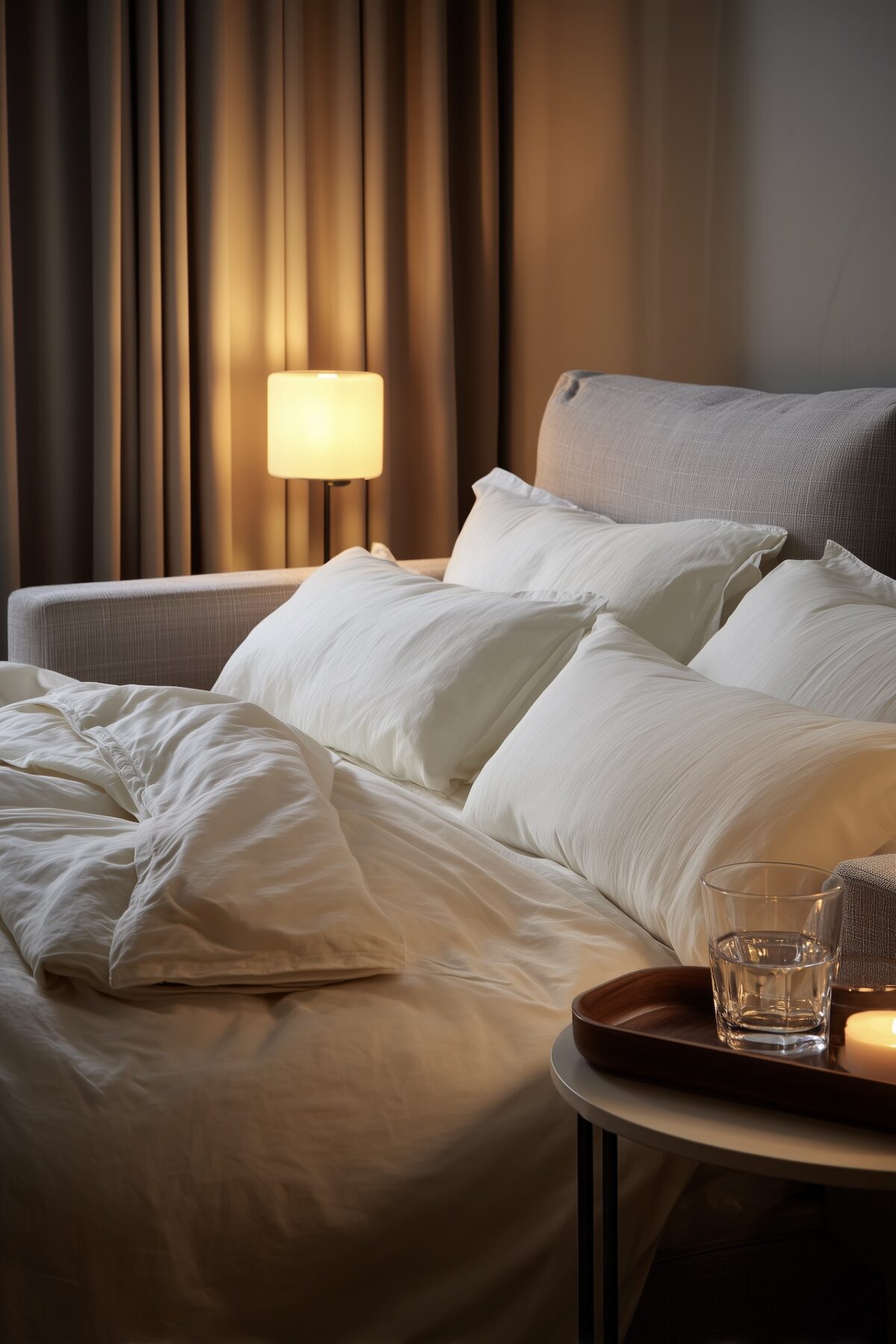 Canapé-lit ouvert avec matelas épais de qualité, literie en coton blanc nette et plateau de chevet avec bougie