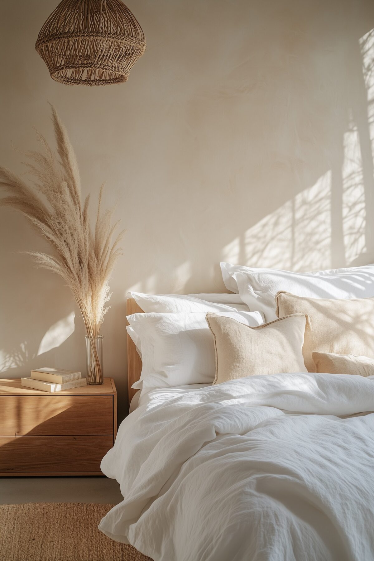 Chambre aspirationnelle avec lit en bois et draps en lin blanc parfaitement arrangés, coussins crème et beige, herbe de la pampa sur la table de chevet en chêne, suspension en rotin, mur enduit à la chaux