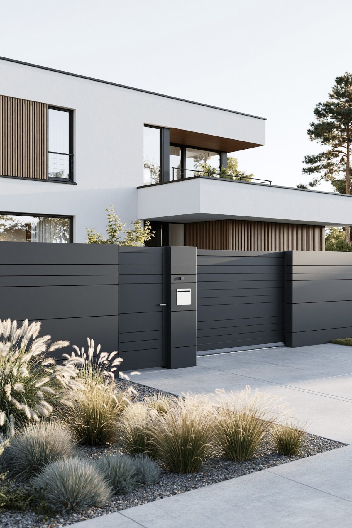 Maison contemporaine blanche avec bardage bois et clôture complète en aluminium thermolaqué anthracite à lames horizontales pleines, portillon intégré avec boîte aux lettres, allée en béton, massif de graminées ornementales, lumière naturelle