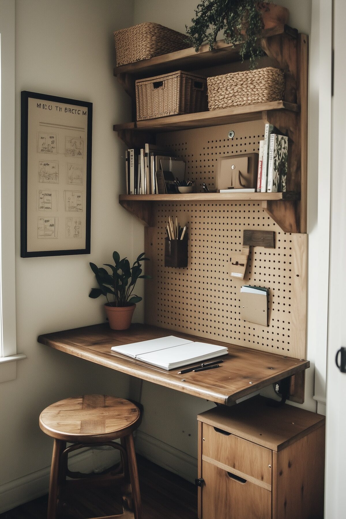 petit coin bureau dans une alcôve avec plateau rabattable en bois, pegboard mural avec fournitures organisées, étagères au-dessus avec paniers tressés et livres, caisson à tiroir en dessous, tabouret en bois