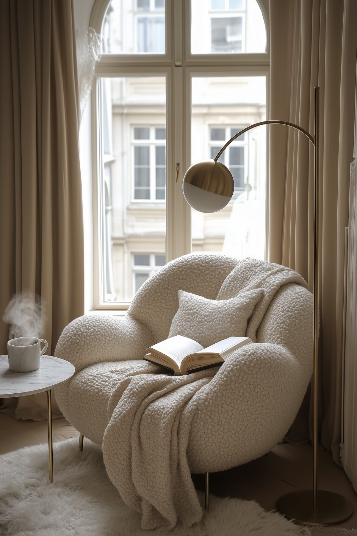 Coin lecture style Pinterest avec fauteuil sculptural en bouclé crème, plaid cachemire, livre ouvert, lampadaire arc en laiton, table d'appoint en marbre, fenêtre en arche, tapis peau de mouton