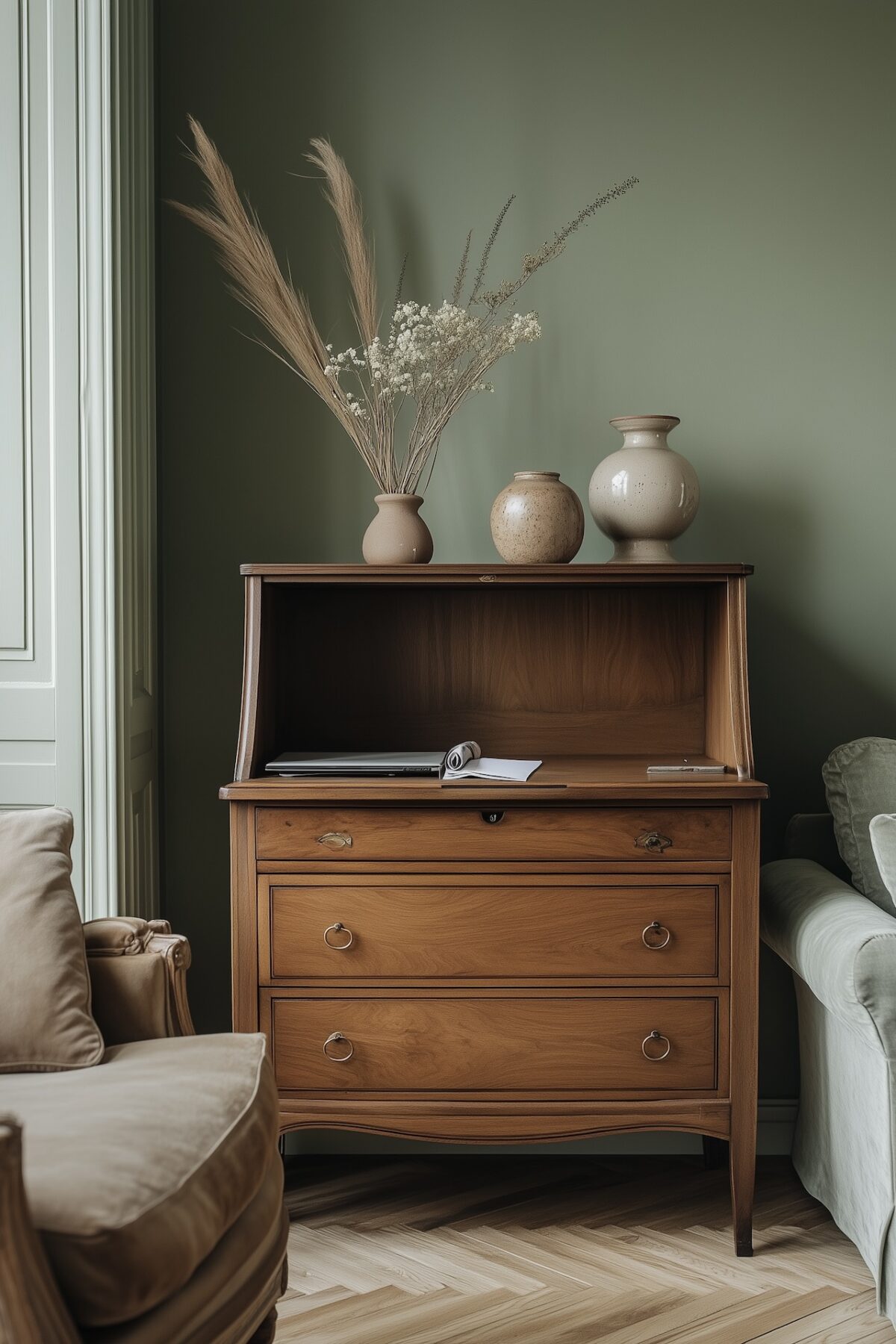 Bureau secrétaire en noyer ouvert avec laptop et carnet à l'intérieur, vases en céramique et fleurs séchées posés dessus, mur vert sauge, fauteuil en cuir et canapé visibles de chaque côté, parquet à chevrons