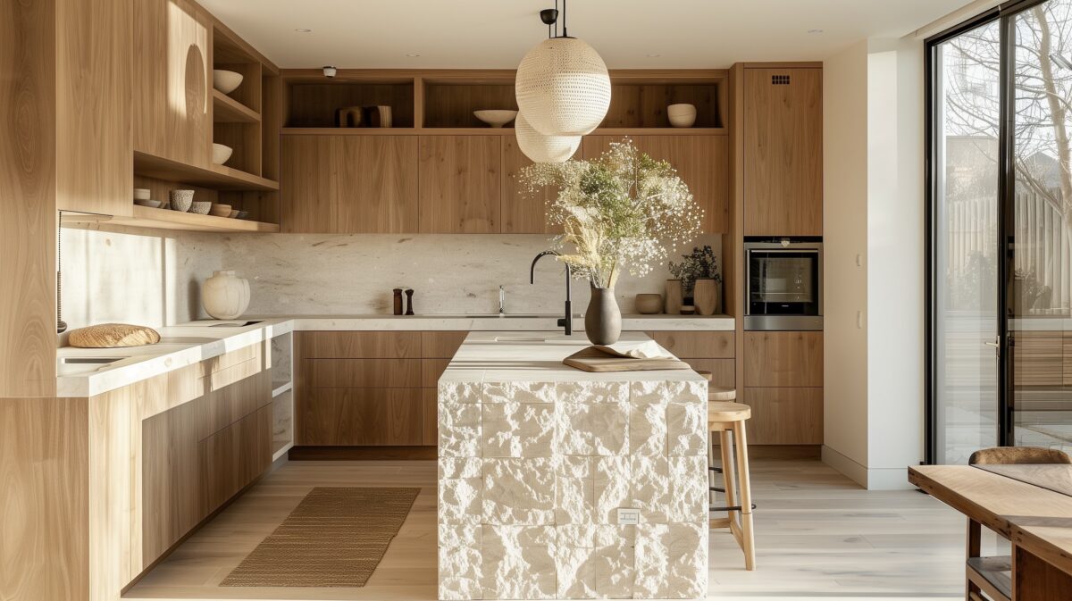 cuisine équipée style naturel façade chêne ilot pierre - blog déco