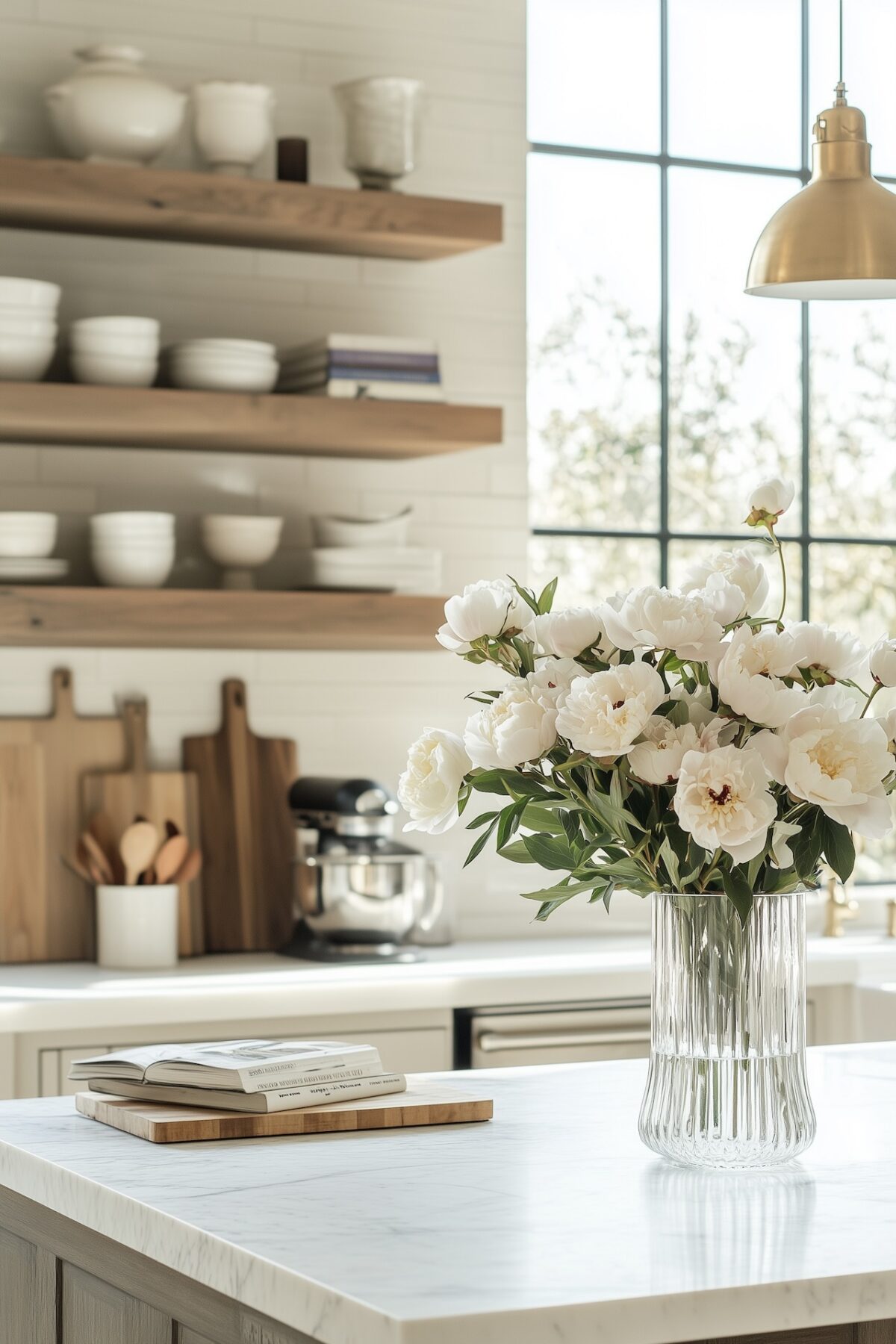 Cuisine aspirationnelle avec grand îlot central en marbre blanc, vase en verre strié avec pivoines blanches, étagères ouvertes en bois avec vaisselle, suspension en laiton, lumière naturelle abondante